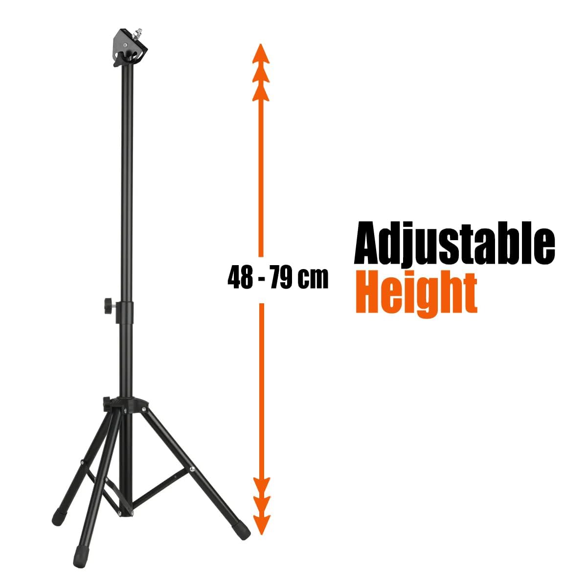 Black adjustable height stand with measurement text on a white background