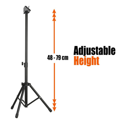 Black adjustable height stand with measurement text on a white background