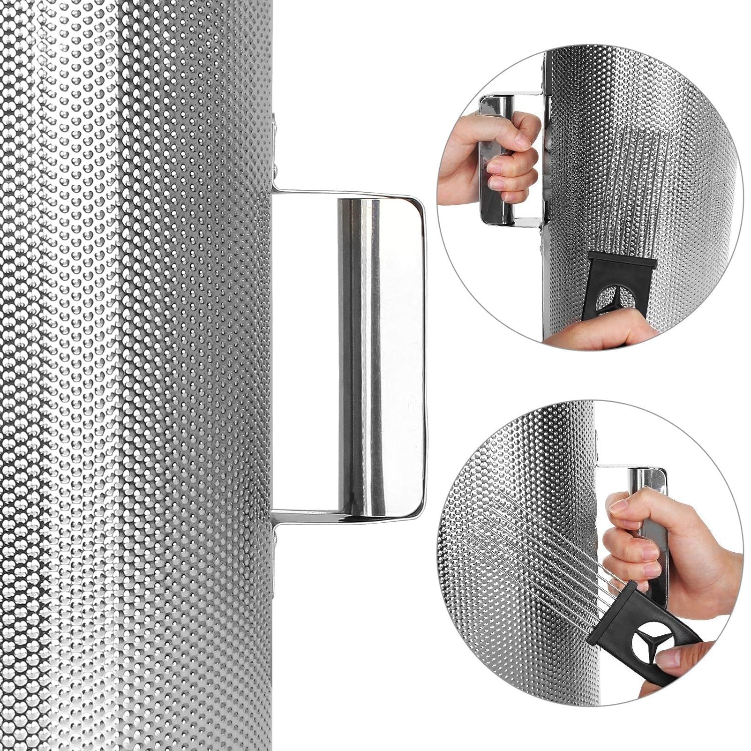 Metallic honeycomb filter with close-up views of hands holding it
