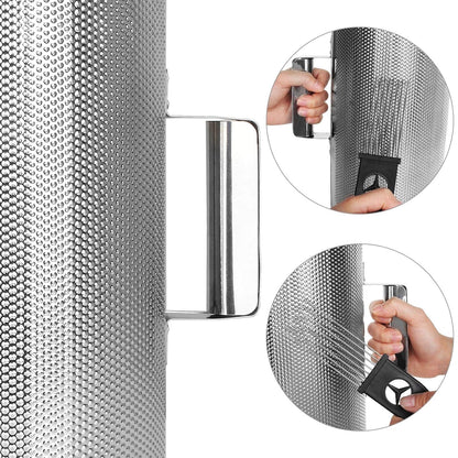 Metallic honeycomb filter with close-up views of hands holding it