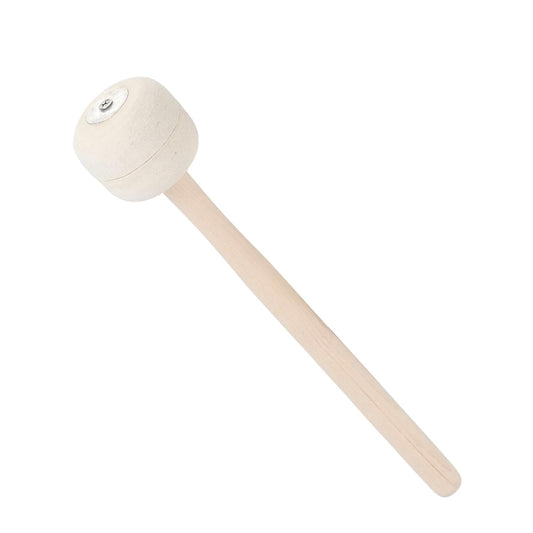 White mallet with a wooden handle on a white background