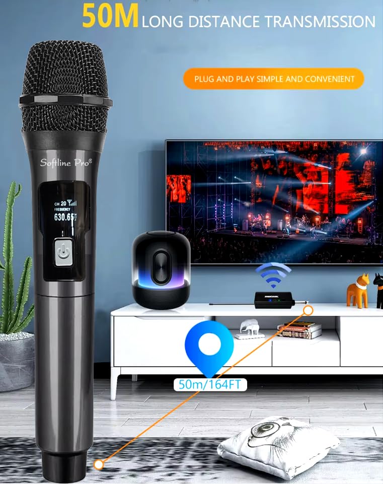 Wireless microphone with 50m long-distance transmission feature in a home setting.