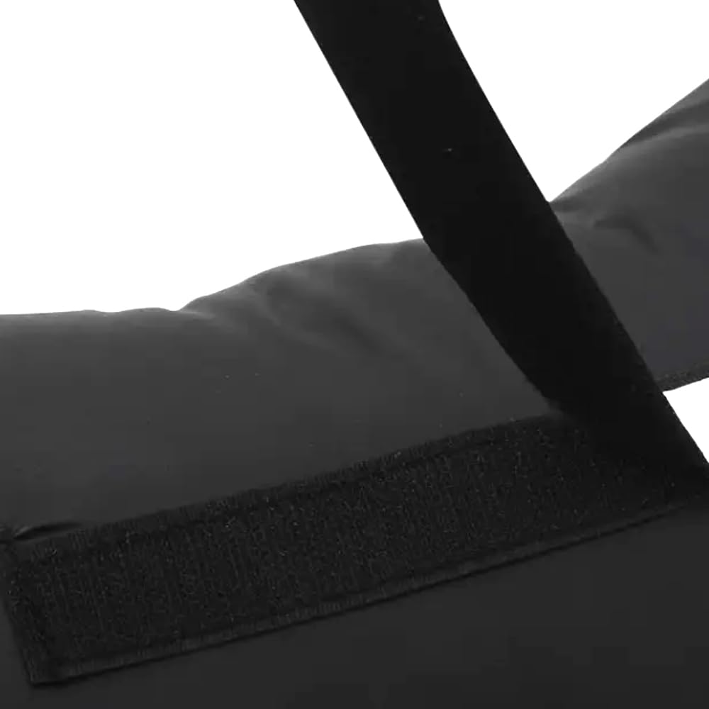 Close-up of a black seat cushion with a strap on a white background