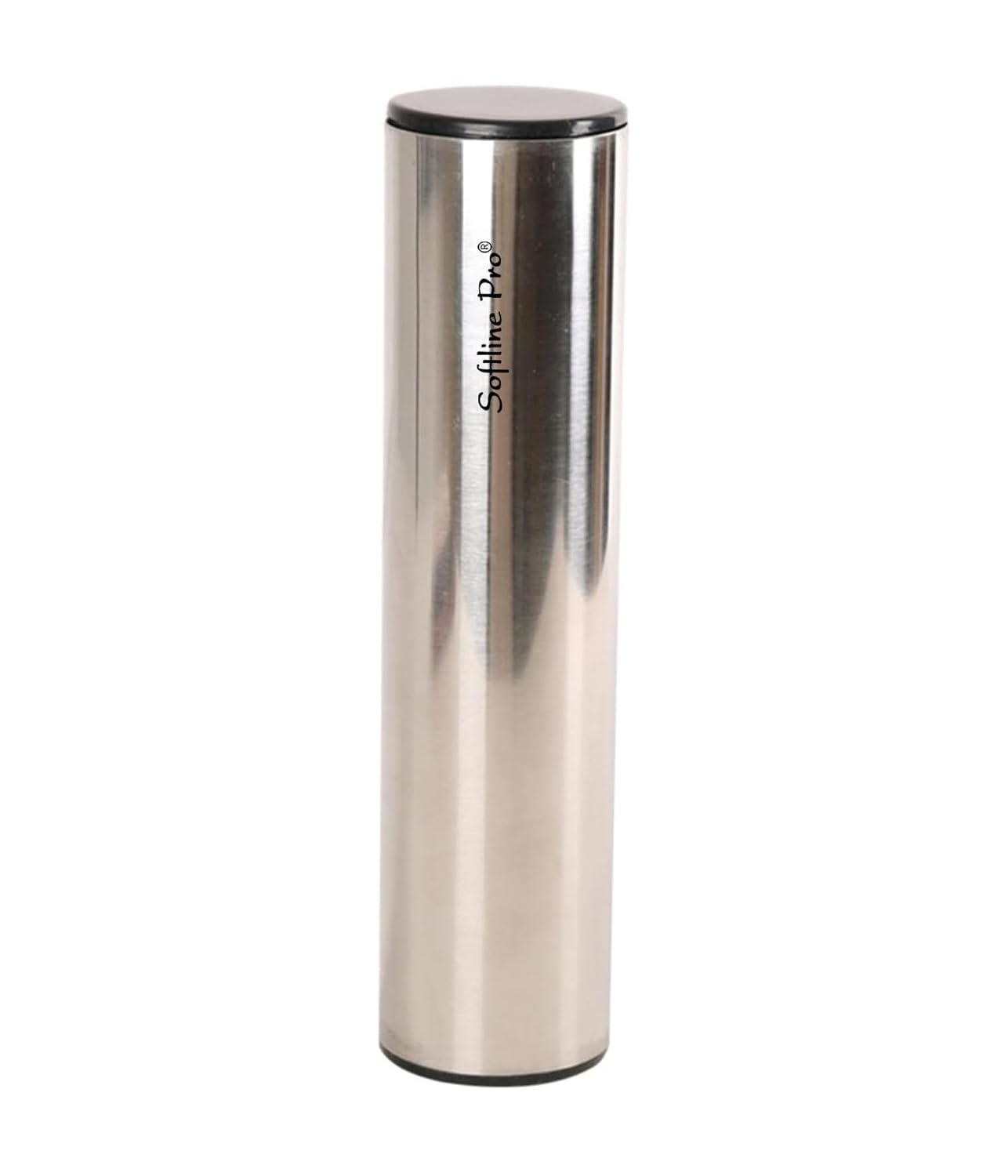 Stainless steel tumbler with black lid on a white background