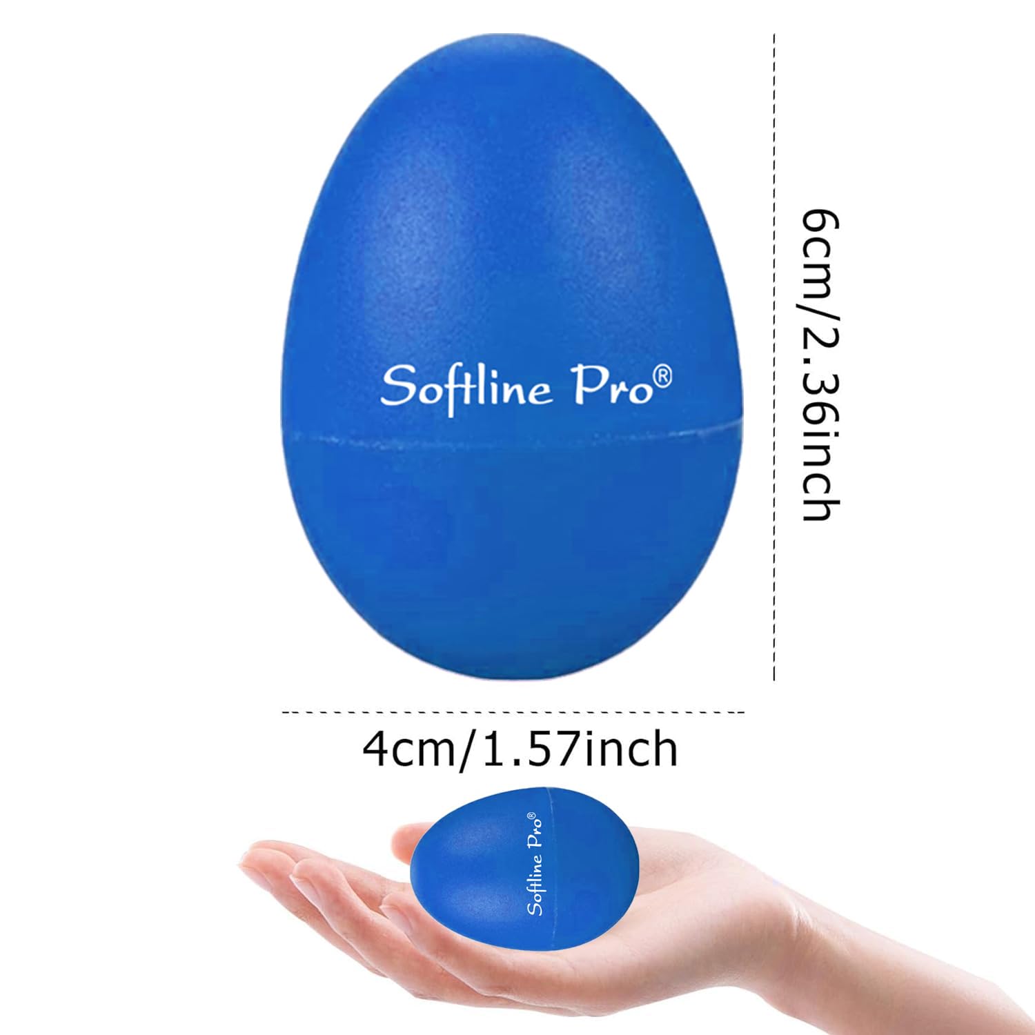 Blue Softline Pro stress ball with dimensions and a hand holding it for scale on a white background