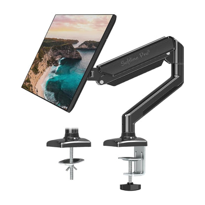 A black gas spring single arm monitor stand with a clamp and grommet mounting base, designed to hold a monitor from 13 to 32 inches.