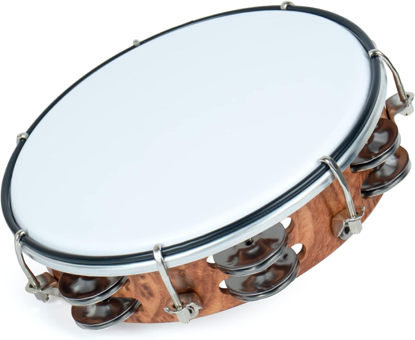 Round Wooden Tambourine with Natural Head and Metal Jingles