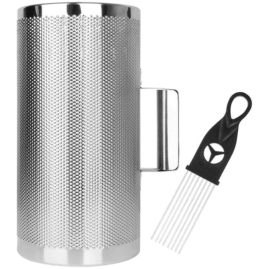 Metal mesh scrubber and black comb on a white background