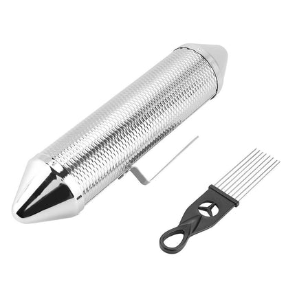 Metallic cylindrical object with a black and silver tool on a white background