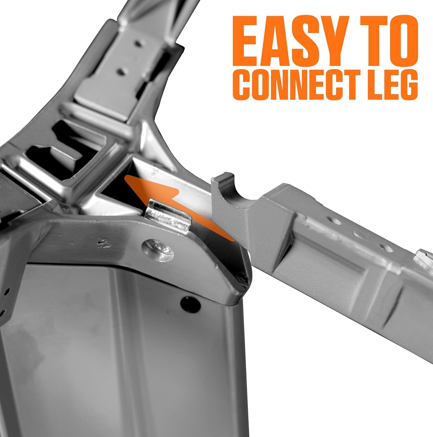 Close-up of a metal frame with an 'Easy to Connect Leg' label on a white background