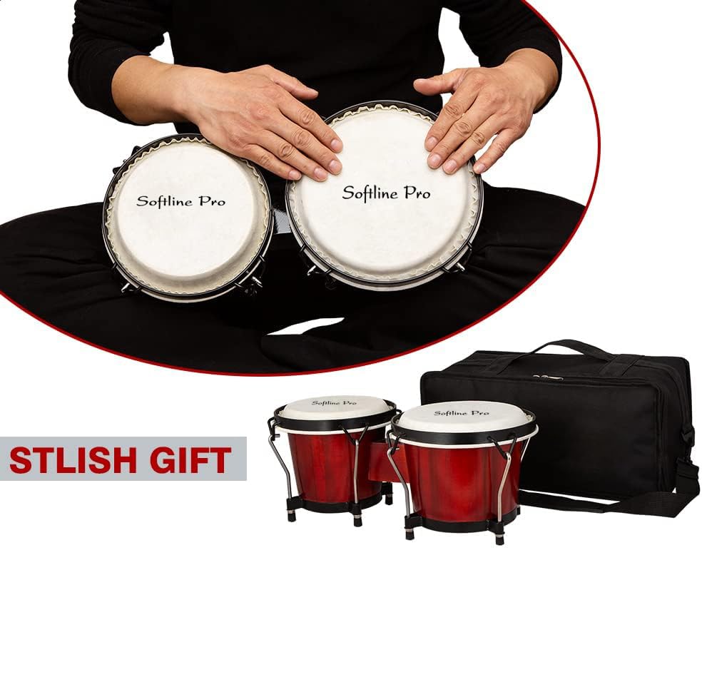 Close-up of black Softline Pro bongo drum’s tuning lugs and natural skin head
