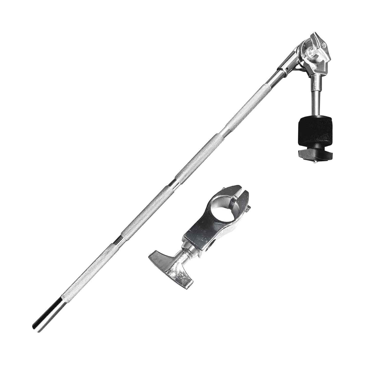 Metal tool with a long pole and adjustable components on a white background